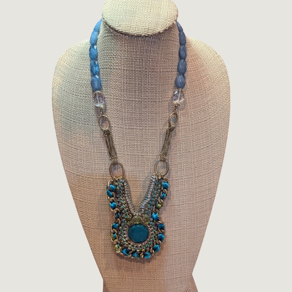 Lydell NYC Mixed Media Bib Necklace Teal Blue Ribbon Woven Chain Rhinestones